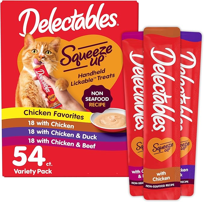 Delectables Squeeze Up Non-Seafood Variety Pack, Creamy Squeezable Puree, Lickable Wet Cat Treats, Grain Free, No Added Fillers, No By-Products, No Added Preservatives, 0.5 Ounces Tube, 54 Tubes Total-PawvioPets