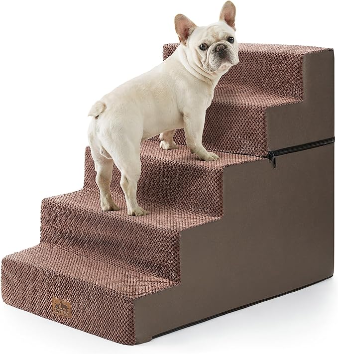 Dog Stairs for Small Dogs, 5 Tier Removable Wider Pet Stairs for Couch and Bed, 23.6" H Non-Slip Dog Steps for Puppies and Old Cats with Support Board, 29.5x19.7x23.6 inch, Brown-PawvioPets