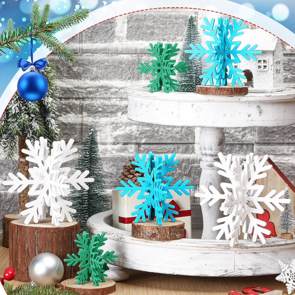 Bucherry 12 Pcs Wooden Snowflake Table Decor 3D Snowflake Tabletop Signs and Centerpiece for Christmas Xmas Winter Wonderland Decorations Home Party(White, Blue, Green)