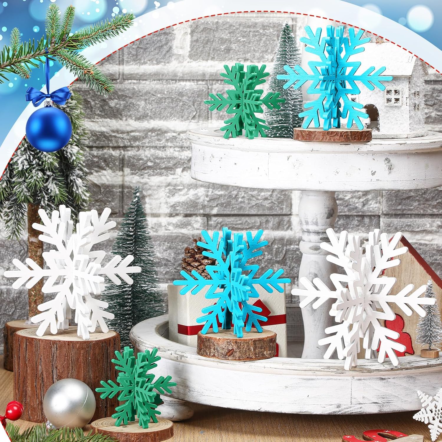 Bucherry 12 Pcs Wooden Snowflake Table Decor 3D Snowflake Tabletop Signs and Centerpiece for Christmas Xmas Winter Wonderland Decorations Home Party(White, Blue, Green)