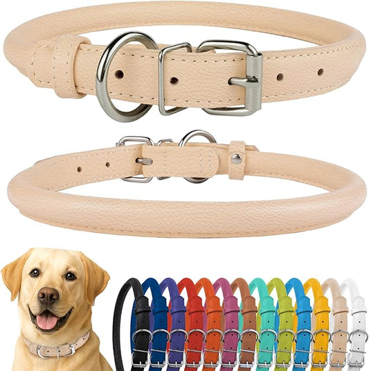 CollarDirect Rolled Leather Dog Collar, Soft Padded Round Puppy Collar, Handmade Genuine Leather Collar Dog Small Large Cat Collars 13 Colors (15-19 Inch, Beige Textured)-PawvioPets