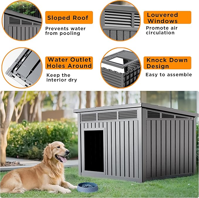 Dog House Indoor Outdoor,Resin Waterproof Puppy Shelter with Air Vents and Elevated Floor,Air Rod on Top to Open,Dog Kennel for Small to Medium Dogs(Grey,32.2 * 25.12 * 24.13)-PawvioPets