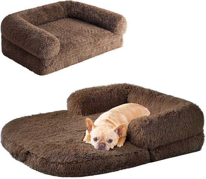 EHEYCIGA Foldable Dog Bed, Faux Fur Fluffy Dog Couch Bed, Orthopedic Calming Memory Foam Pet Bed for Small Dogs, Washable Soft Warm Pet Sofa Bed with Non-Slip Bottom, Brown, 40"x30"x6"-PawvioPets