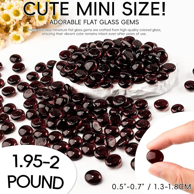 2 LB Dark Red Glass Marbles, Mini Flat Glass Beads for Vase Fillers, Floral Bottom Mancala Gems Pebbles Fish Tank Rocks for Table Aquarium,Home Decor Art Craft Supplies(0.5"~0.7")-PawvioPets