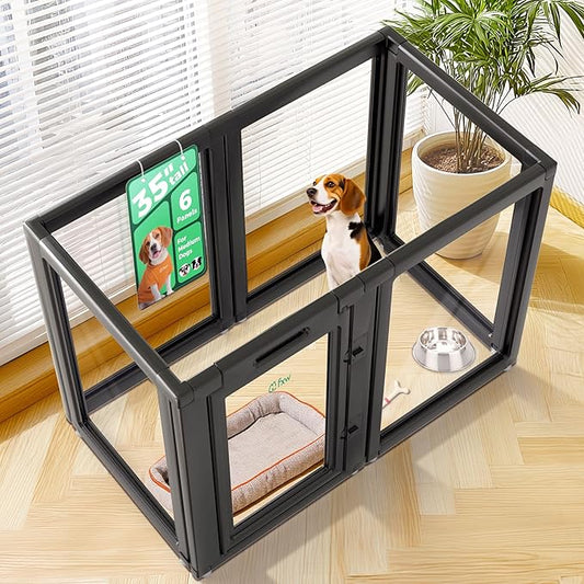 FXW AuraSpace Acrylic Indoor Unleashed Dog Playpen for Medium Dogs, 35 Inch, 6 Panels, Black-PawvioPets