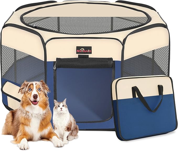 Aivituvin Dog Playpen, Foldable Pet Play Pens with Carrying Bag for Cat, Puppies, Rabbits, Portable Dog Tent Crates Cage for Travel Camping Indoor Outdoor, Removable Shade Cover, Blue M-PawvioPets