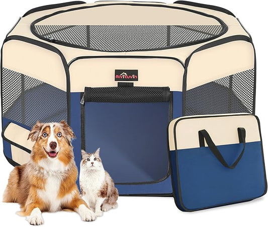 Aivituvin Dog Playpen, Foldable Pet Play Pens with Carrying Bag for Cat, Puppies, Rabbits, Portable Dog Tent Crates Cage for Travel Camping Indoor Outdoor, Removable Shade Cover, Blue L-PawvioPets