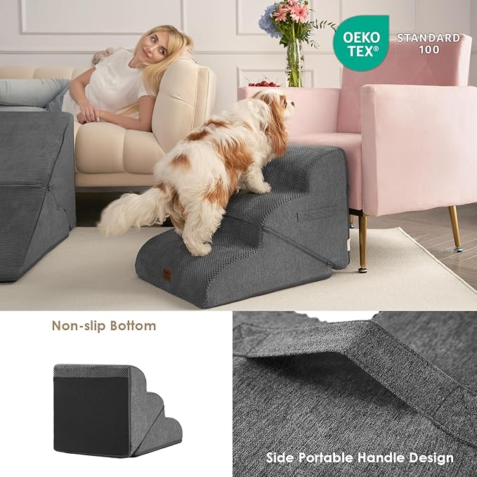 EHEYCIGA Curved Foldable Dog Stairs Ramp for Small Dogs 16" H, 3-Step Dog Steps for Couch Sofa and Chair, Pet Stairs for Cats, Non-Slip Balanced Pet Steps Indoor, Grey-PawvioPets