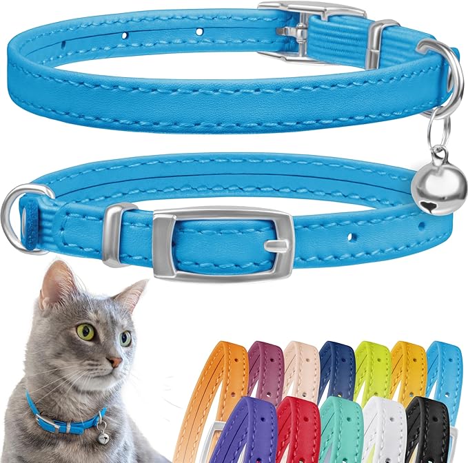 CollarDirect Leather Cat Collar, Kitten Collar with Removable Bell Black Blue Red Orange Lime Green (8-11 Inch, Light Blue)-PawvioPets