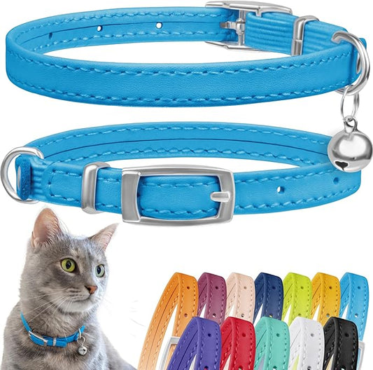 CollarDirect Leather Cat Collar, Kitten Collar with Removable Bell Black Blue Red Orange Lime Green (8-11 Inch, Light Blue)-PawvioPets