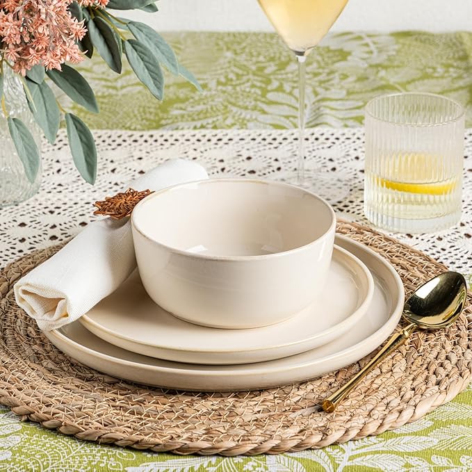 GBHOME Ceramic Dinnerware Sets for 4, 12 Pieces Stoneware Plates and Bowls Sets, Scratch Resistant Dishes, Dishwasher & Microwave Safe, Reactive Glaze-Vanilla color-PawvioPets