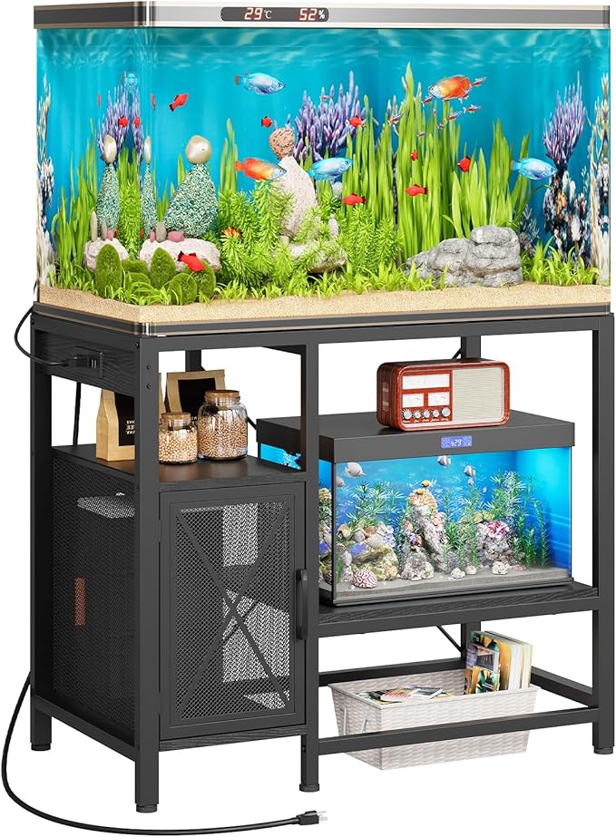 40-50 Gallon Fish Tank Stand, Aquarium Stand with Power Outlet and Storage Cabinet, Heavy Duty Tank Stand Suitable for Turtle Tank, Reptile Terrarium, for Home Office, Black FTBK50E01-PawvioPets
