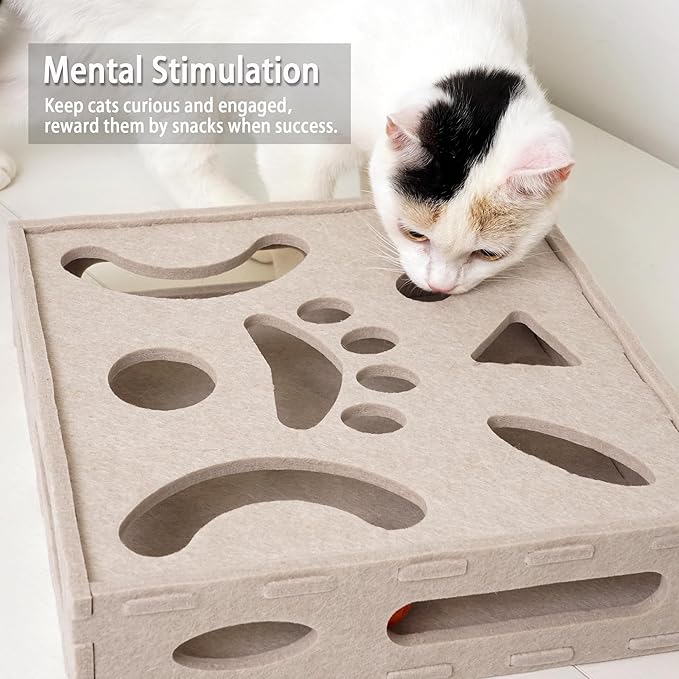 PETKARAY Felt Cat Puzzle Toy, Interactive Cat Toys for Indoor Cats, Interactive Maze for Kitten Felt Puzzle Box with Ball, Beige-PawvioPets