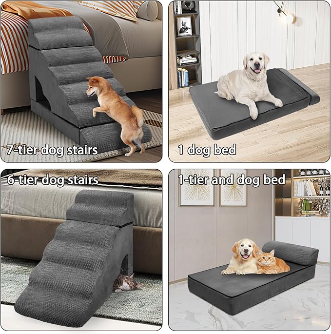 Foam Dog Stairs & Steps Ramps for High Beds 30-36 inches High Tall Large Dogs, LitaiL 7 Step Pet Stairs Steps for High Beds 30 inch Small Dogs, Non-Slip Dog Ramps for Bed-PawvioPets