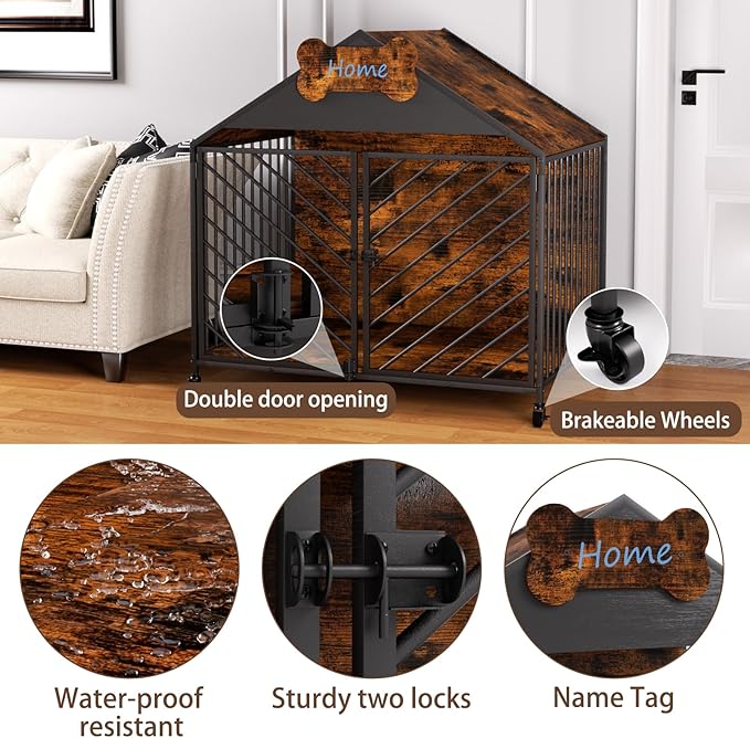 Furniture-Style Dog Crate with Gable Roof Design, Double Locking Doors Indoor Kennel for Small & Medium Dogs, Chew-Proof Escape-Proof Dog Cage, Rustic Brown-PawvioPets