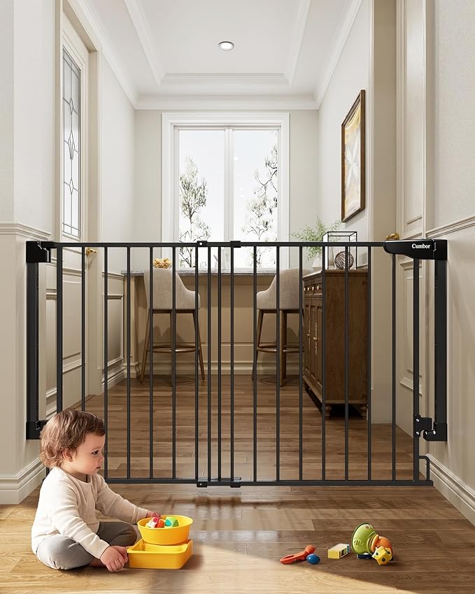 Cumbor 31.6-48" No Bottom Bar Baby Gate for Stairs, 2-in-1 Auto Close Dog Gate Indoor, Hardware Mounted Pet Gate for Doorways with Large Walk Thru Door, Child-Proof Safety Gate for Kids (Black)-PawvioPets