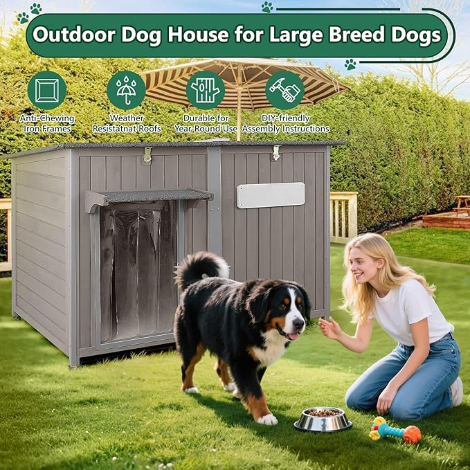 55" Extra Large Outdoor Dog House Weatherproof Wooden Doghouse Indoor for Large Breed Dogs with Anti Bite Frames with Window,10 Elevated Feet, Reinforced Bottom for Pet Up to 220LBS-PawvioPets