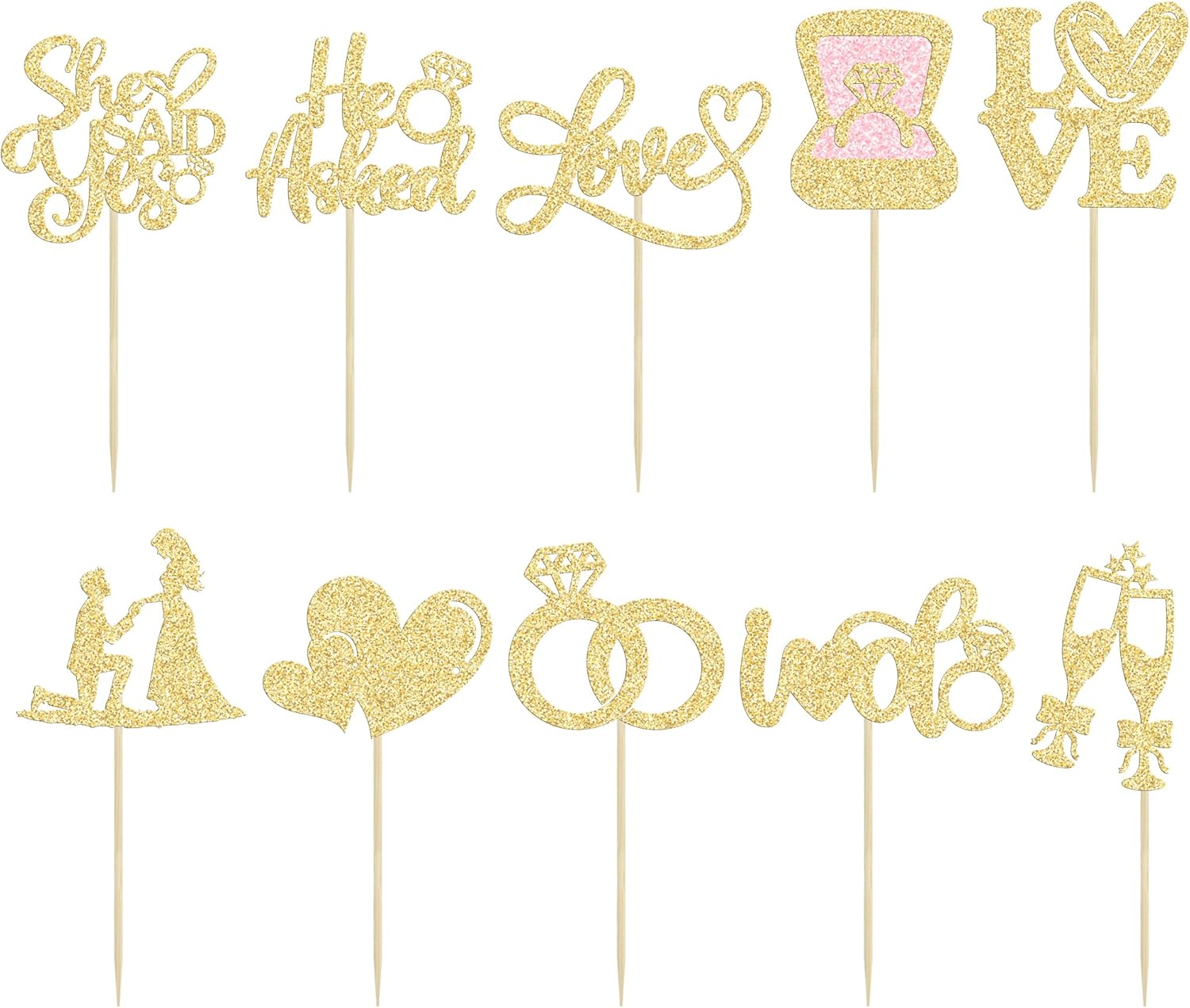 Ephlyn 30Pcs He Asked She Said Yes Cupcake Toppers Glitter Engagement Cupcake Toppers Diamond Ring Heart Love I Do Cupcake Picks for Engagement Wedding Party Cake Decorations Gold