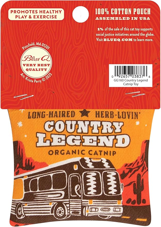 Blue Q Long-Haired, Herb-Lovin' Country Legend Catnip Cat Toy. Premium Organic Catnip Grown in The USA, 100% Cotton Pouches, Kitty Graphics Sure to Delight Every Cat-Keeper.-PawvioPets