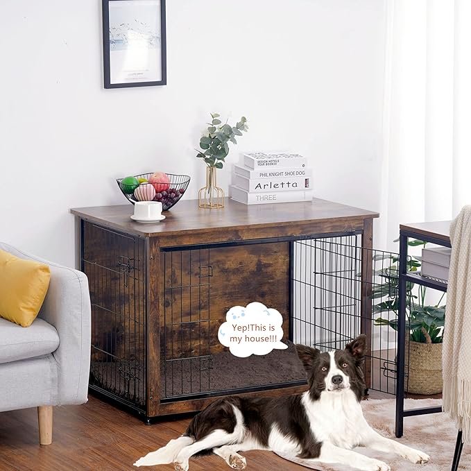 DWANTON Dog Crate Furniture with Cushion, Wooden Kennel Table with Double Doors, Indoor Dog House, Large Size, 38.5" L, Rustic Brown-PawvioPets