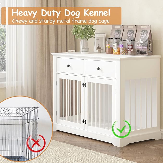 Dog Crate Furniture, 44 Inch Wooden Dog Kennel Indoor with 2 Storage Drawers, Heavy Duty Large Crate Furniture, Decorative End Table Cage Furniture for Small/Medium/Large (White)-PawvioPets