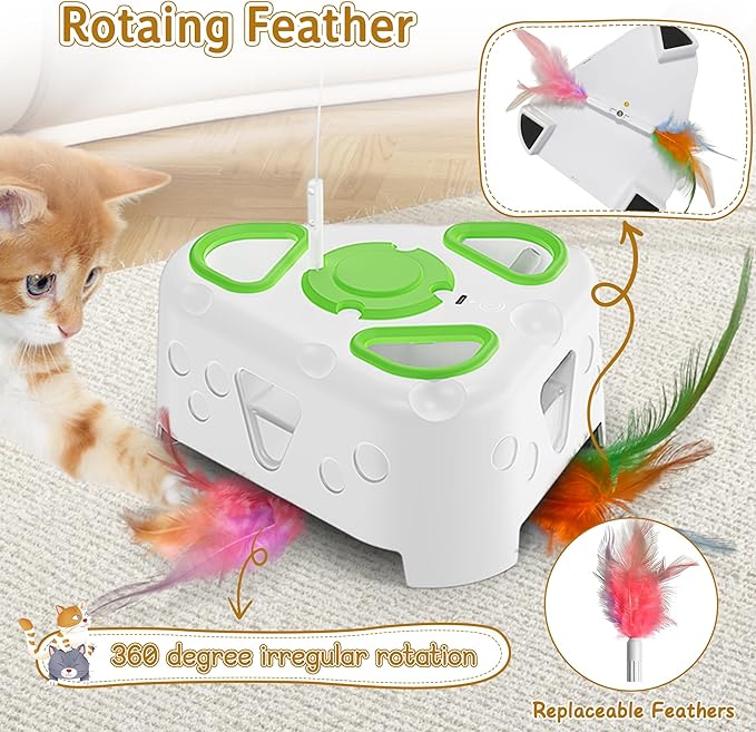 3-in-1 Interactive Cat Toys for Indoor Cats,Automatic Kitten Toy,Flying Bird,6 Holes Mole,Rotating Feather, Rechargeable USB Interactive Cat Feather Toys for Bored Indoor Cats-PawvioPets