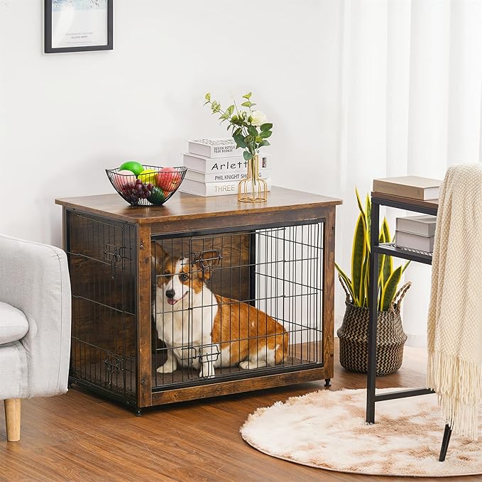 DWANTON Dog Crate Furniture with Cushion, Wooden Kennel Table with Double Doors, Indoor Dog House, Medium Size, 32.5" L, Rustic Brown-PawvioPets