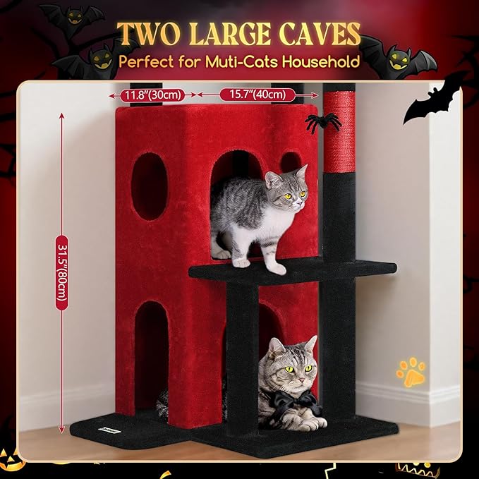 Globlazer Gothic Cat Tree Tower for Indoor Cats, 50-inch Goth Adult Cat Tree House for Large Adult Cats with Steps, Scratching Post, 2 Cat Caves, Dangling Toys, FC50, Blood-Goth-PawvioPets