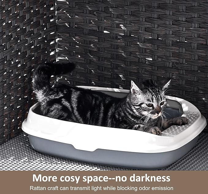 Cat Litter Box Enclosure with Soft Litter Mat; Hidden Kitten Washroom Furniture with Door; Handwoven Rattan Cat House with Large Space; Pet Crate for Living Room, Bedroom, Balcony (Grey)-PawvioPets