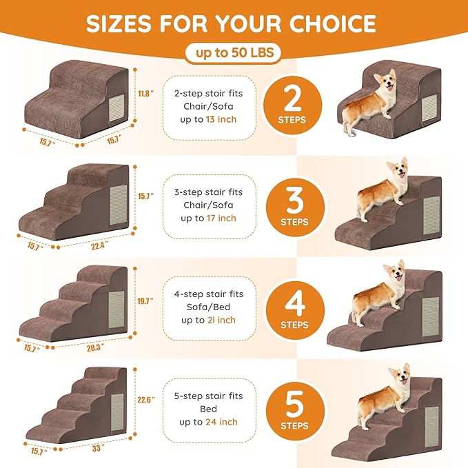 Dogs Steps for Bed, Dog Stairs for Small Dogs, 2-Step Dog Ramp for Bed, Couch, Sofa, and Chairs, Non-Slip Bottom Design, Cat Scratching, High Density Foam Portable Pet Step, Indoor, Coffee-PawvioPets
