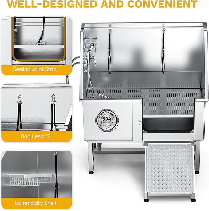 DWVO Professional Pet Dog Bathing Station for Grooming, 50'' Dog Grooming Bathtub with Right Ramp, Floor Grate, Faucet, Showerhead & Soap Holder for Large, Medium & Small Pets-PawvioPets