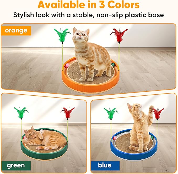 20-Inch Round Cat Scratcher with Ball Track – 3-in-1 Cardboard Cat Scratching Pad with Feather Toys, Non-Slip Base – Interactive Cat Toy for Indoor Cats, Kitten Scratch Play Lounge Board (Orange)-PawvioPets