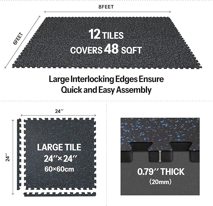 AIRHOP 0.79in Thick 48 Sq Ft Exercise Equipment Mats, 12 Tiles Upgraded Rubber Top with High Density EVA Foam, Large Interlocking Puzzle Gym Flooring for Home Gym, Heavy Weight Workout,Black & Blue-PawvioPets