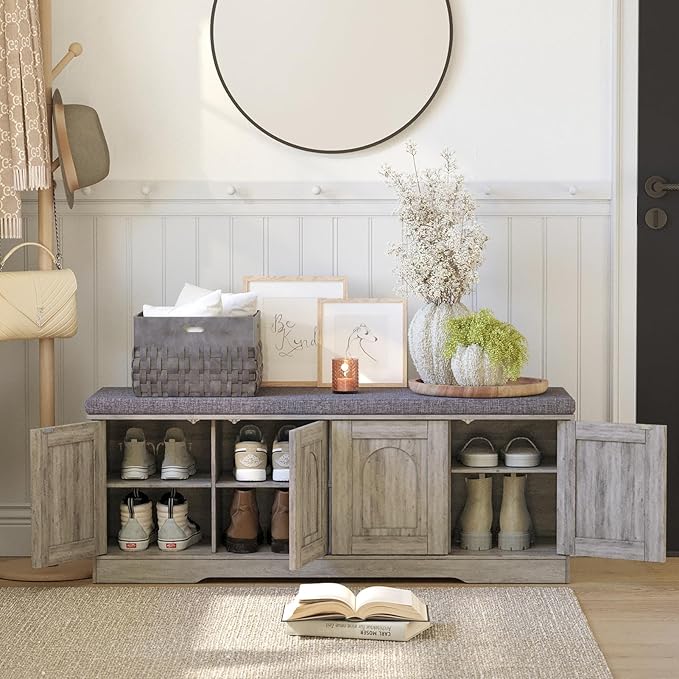 DINZI LVJ Shoe Bench, Entryway Storage Bench with Doors, Cushion, 2-Tier Shoe Rack with 8-Cubby, 47.2”L x 13.8”W Shoe Organizer Cabinet, Adjustable Shelf, Living Room, Bedroom, Gray Wash-PawvioPets