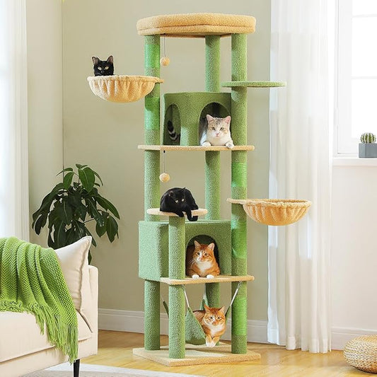 71.2" Large Cat Tree for Multi-Cat Households - 9-Level Cat Tower w/5 Sisal Scratching Posts, 2 Condos, Soft Hammock, Top Perch & Pom Poms - Heavy-Duty Space-Saving Design, Cactus Green-PawvioPets