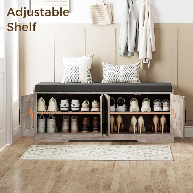 2-Tier Storage Bench, Shoe Bench with Thickened Padded Seat Cushion, Entryway Bench with 4 Doors, Adjustable Shelf, 13.8" D x 45.3" W x 18.5" H, for Entryway, Living Room, Bedroom, Greige-PawvioPets