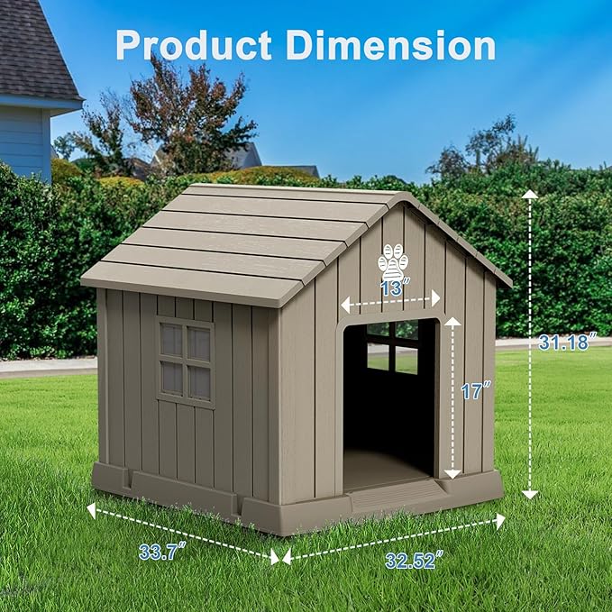 Dog House Indoor Outdoor for Small to Large Sized Dogs Resin Outdoor Dog House with Ventilation Puppy Shelter with Elevated Floor, Easy to Assemble, Blue-PawvioPets