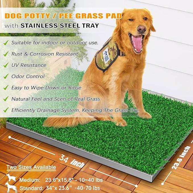 Dog Grass Pad with Tray, Reusable Large Artificial Turf Grass Potty and Puppy Pee Pads for Dogs, Portable Stainless Steel Dog Litter Box for Indoor/Outdoor Potty Training Toilet-PawvioPets
