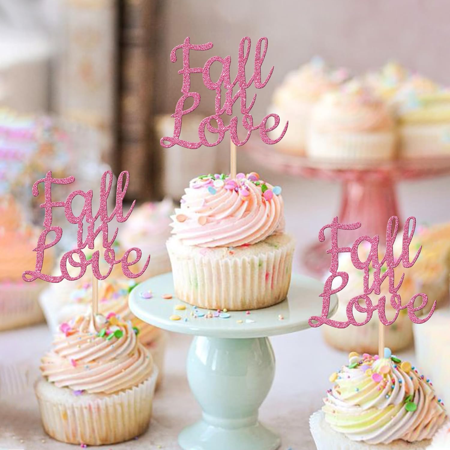 24 PCS Fall in Love Cupcake Toppers Glitter Fall Theme Party Cupcake Picks Bridal Shower Cupcake Decorations for Autumn Wedding Engagement Anniversary Birthday Party Cake Decorations Supplies Pink