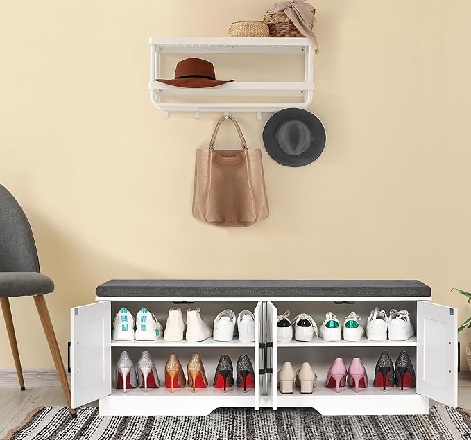 2-Tier Storage Bench, Shoe Bench with Padded Seat Cushion, Entryway Bench with 4 Barn Doors, Adjustable Shelf, 13.8" D x 47.2" W x 17.7" H, for Entryway, Living Room, Bedroom, White-PawvioPets
