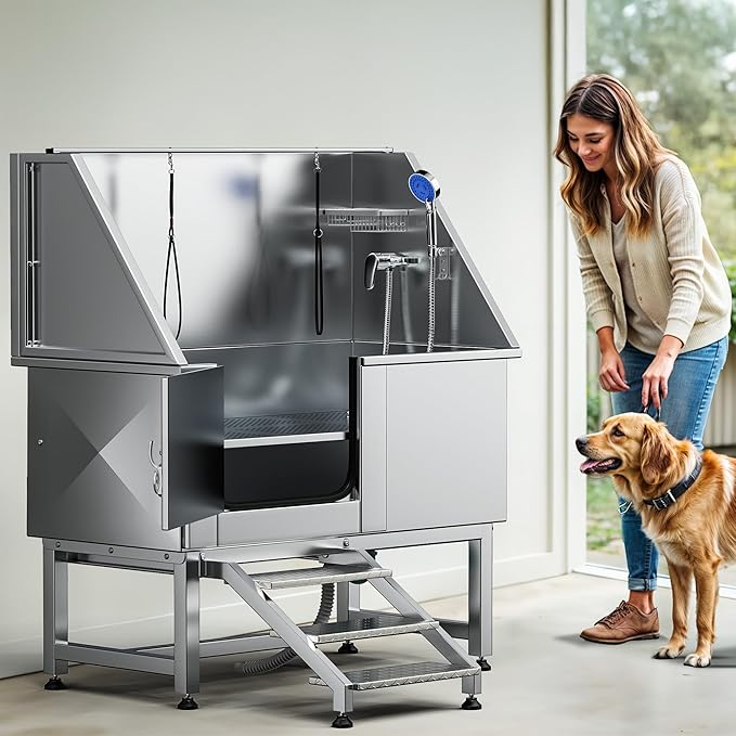 DWVO Professional Pet Dog Bathing Station for Grooming, 50'' Dog Grooming Bathtub with Left Stairs, Floor Grate, Faucet, Showerhead & Soap Holder for Large, Medium & Small Pets-PawvioPets