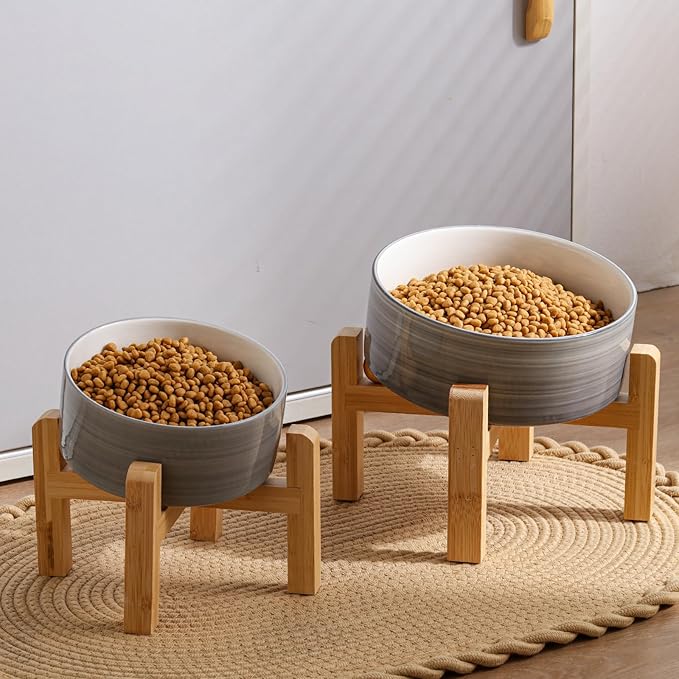 Elevated/Raised 15°Tilted Anti Slip Ceramic Dog Bowls,Slanted Bulldog Pet Food Water Feeding Dish Stand for Cats and Dogs (3.6 Cups/28 OZ) Grey White-PawvioPets