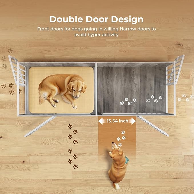 78 Inch Dog Cage Furniture for 2 Large/Medium Dogs with Removable Divider, Extra Large Double Doors Dog Kennel, XXL Thick Wooden Dog cage Furniture, Durable and Sturdy, Beige-PawvioPets