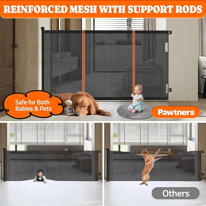 Extra Tall Retractable Baby Gates: 51" Tall Pet Gate, Extend up to 120" Wide, Mesh Baby Gate with Support Rods Jump-Proof Design for Cats & Large Dogs High Dog Cat Door Indoor Outdoor, Black-PawvioPets