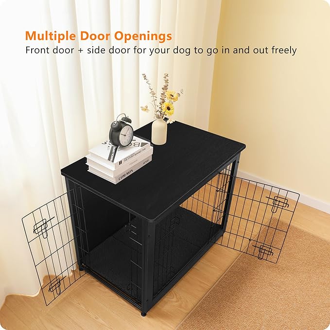 DWANTON Dog Crate Furniture with Cushion, Wooden Kennel Table with Double Doors, Indoor Dog House, Medium Size, 32.5" L, Black-PawvioPets