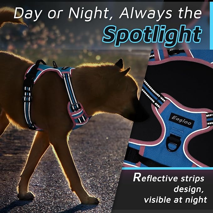 Eagloo Dog Harness for Large Dogs, No Pull Service Vest with Reflective Strips and Control Handle, Adjustable and Comfortable for Walking, No Choke Harness with 2 Metal Rings, Pink & Blue, M-PawvioPets