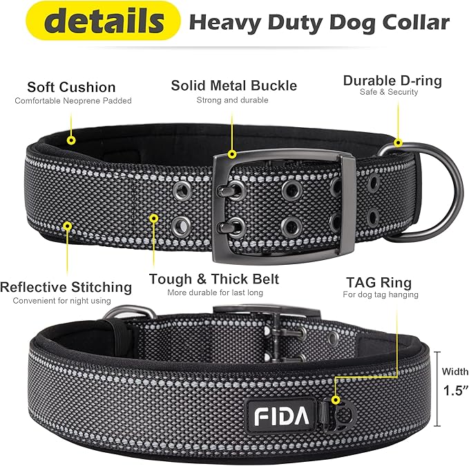 Fida Heavy Duty Dog Collar 1.5” Width, Ultra Soft Neoprene Padded, Adjustable Reflective Nylon Pet Collar with Two Metal Pin Belt Buckle for Large/X-Large Breeds (XL, Black)-PawvioPets