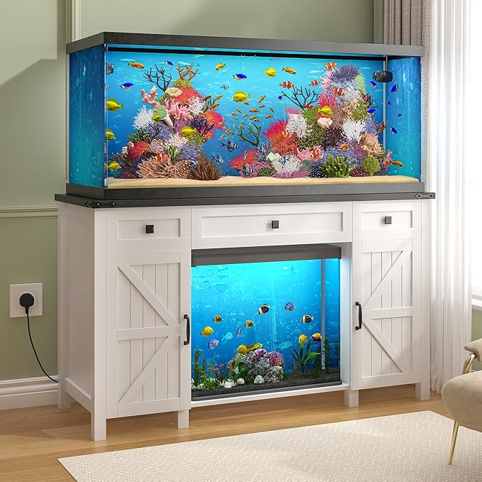 55-75 Gallon Aquarium Stand With Charging Station, Farmhouse Fish Tank Stand, Reptile Tank Stand Terrarium Stand with Drawer and Cabinet Storage, Sturdy Heavy Duty 53.5"×19.7" Tabletop - White-PawvioPets