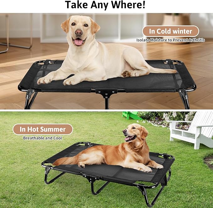 Elevated Dog Bed, Foldable Pet Bed with No Assembly, Cooling Raised Bed with Breathable Mesh, No-Slip Feet Durable Dog Cots Beds for Indoor & Outdoor Use, Black (L:43"x23"x7")-PawvioPets