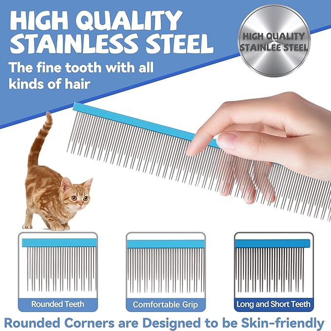 8.5 Inch Upgrade Blue Professional Pet Comb,Dual-Tooth Grooming Comb Anti-Static Smooth Rounded Corners Prevent Friction Breakage and Irritation,Removing Excess Hair for Long-Haired Cats and Dog-PawvioPets